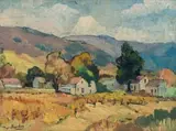 Piet van Heerden, Red Roofed Cottages in a Landscape, oil on board