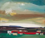 Hennie Niemann Snr, Landskap met Huisies – Oos-Vrystaat (Landscape with Houses – Eastern Free State), 1970, oil on board