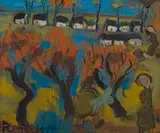 Frans Claerhout, Farm Workers in a Village, oil on board