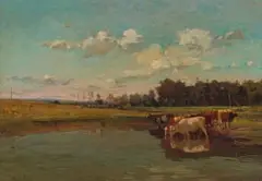 Adriaan Boshoff, Cattle Drinking from Watering Hole, oil on canvas laid down on board