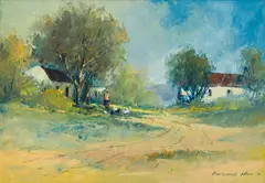 Christiaan Nice, Country Road with Figure and Chickens, 1971, oil on board