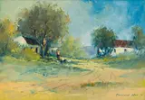 Christiaan Nice, Country Road with Figure and Chickens, 1971, oil on board