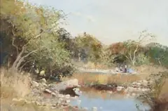 Adriaan Boshoff, River Scene with Figures, oil on board