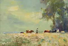 Christopher Tugwell, Landscape with Cattle and Cowherd, oil on canvasboard