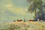 Christopher Tugwell, Landscape with Cattle and Cowherd, oil on canvasboard