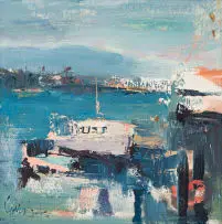 Sidney Goldblatt, Abstract Boats in a Harbour, oil on board