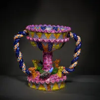 Zebra and guineafowl stem bowl with handles by Ardmore Ceramic Studio, 2002, painted and glazed ceramic, offered Jun 2026