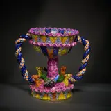 Zebra and guineafowl stem bowl with handles by Ardmore Ceramic Studio, 2002, painted and glazed ceramic, offered Jun 2026