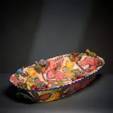 Serving dish with leopard and flowers by Ardmore Ceramic Studio, 2002, painted and glazed ceramic, offered Jun 2026