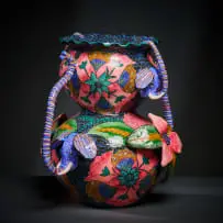 Ardmore Ceramic Studio, Elephant and flower vase, 2001, painted and glazed ceramic