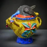 Ardmore Ceramic Studio, Leopard and guineafowl lidded vessel, 2006, painted and glazed ceramic