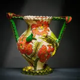 Ardmore Ceramic Studio, Wild cat, flower and corn vase with handles, 2004, painted and glazed ceramic