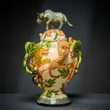 Leopard, lion and wildebeest lidded vessel by Ardmore Ceramic Studio, 2007, painted and glazed ceramic, offered Jun 2026