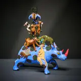 Ardmore Ceramic Studio, Rhino and animal candlestick, 2002, painted and glazed ceramic