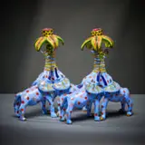 Ardmore Ceramic Studio, Pair of blue elephant candlesticks, 2006, painted and glazed ceramic