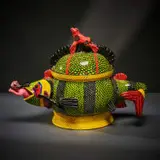 Ardmore Ceramic Studio, Fish, man and frog lidded vessel, 2004, painted and glazed ceramic