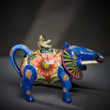 Ardmore Ceramic Studio, Blue elephant and monkey teapot, 2005, painted and glazed ceramic