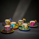 Ardmore Ceramic Studio, Set of six animal espresso cups and saucers, painted and glazed ceramic