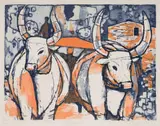 Julian Trevelyan, Blue Oxen, etching on paper