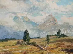 Otto Klar, Two Huts in a Mountainous Landscape, oil on board