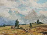 Otto Klar, Two Huts in a Mountainous Landscape, oil on board