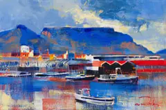 Derric Van Rensburg, Harbour Scene with Table Mountain, oil on canvas