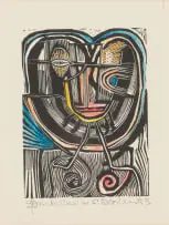 Cecil Skotnes, Abstract Head, 1983, hand-coloured woodcut on paper