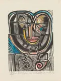 Cecil Skotnes, Abstract Head, 1983, hand-coloured woodcut on paper
