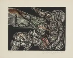 Cecil Skotnes, Beast Threatening a Woman, 1979, woodcut on paper