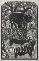 John Muafangejo, A Friend of Dogs Who Can Hunt the Kudu with Them, 1970, linocut on paper laid down on board