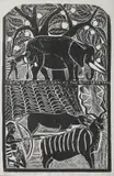 John Muafangejo, A Friend of Dogs Who Can Hunt the Kudu with Them, 1970, linocut on paper laid down on board