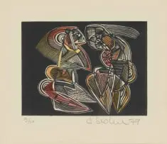 Cecil Skotnes, Two Figures, 1979, hand coloured woodcut on card