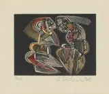 Cecil Skotnes, Two Figures, 1979, hand coloured woodcut on card