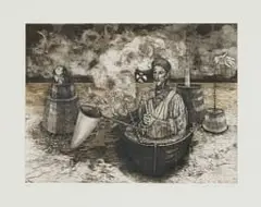 Judy Woodborne, Surreal Scene with Man in Boat, 1994, etching on paper