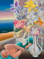 Simon Jones, Figure Resting Next to Flowers, 1994, acrylic on board