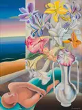 Simon Jones, Figure Resting Next to Flowers, 1994, acrylic on board