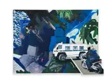 Katharien de Villiers, Interior of a Car with a Motorbike and a Police Van, mixed media on fabric, printed photographs, wood, aluminium foil, enamel and acrylic paint