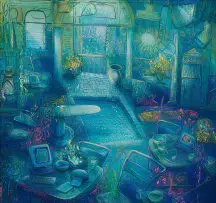 Robert Slingsby, Pool House, 1997, acrylic and sgraffito on canvas
