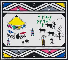Esther Mahlangu, Untitled (Homestead with Ndebele Pattern), 2013, acrylic on canvas