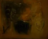 Charles Gassner, Abstract Composition in Black and Ochre, oil and sgraffito on board