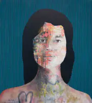 Dion Cupido, Portrait of a Woman with Striped Blue Background, mixed media on canvas