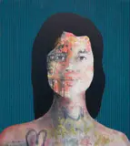 Dion Cupido, Portrait of a Woman with Striped Blue Background, mixed media on canvas