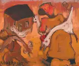 Frans Claerhout, Figures with Chickens beside a Cottage, oil on board