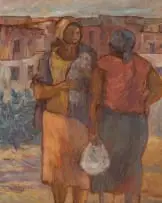 Amos Langdown, Women in Conversation, 1992, oil on unstretched canvas laid down on board