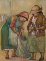 Amos Langdown, Women with Glass Bottles, oil on canvas laid down on board