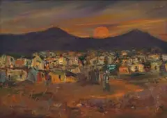 Amos Langdown, Township Scene, 1974, oil on board