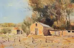 Errol Boyley, Farm Buildings beneath Trees, oil on board