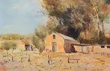 Errol Boyley, Farm Buildings beneath Trees, oil on board