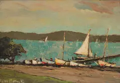 George William Pilkington, Yachts on the Shore, oil on board