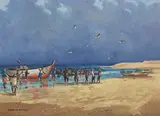 Andre de Beer, Bringing in the Boats, 1964, oil on canvas laid down on board